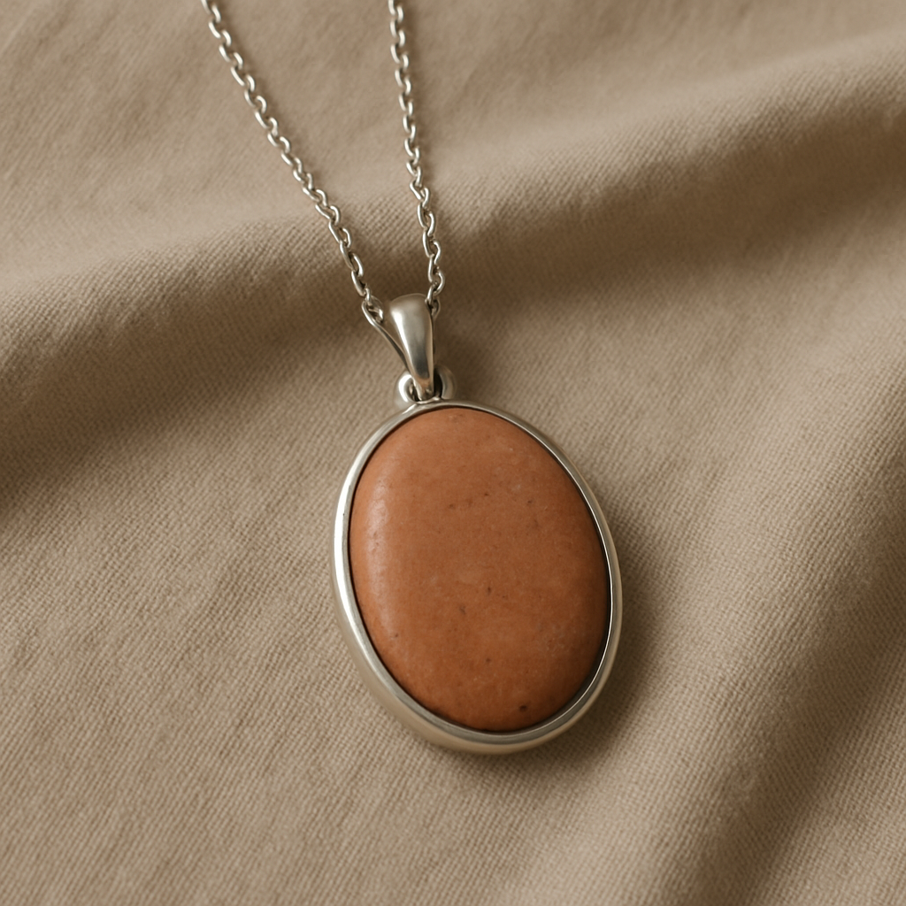 Warm clay-toned stone pendant in a silver setting