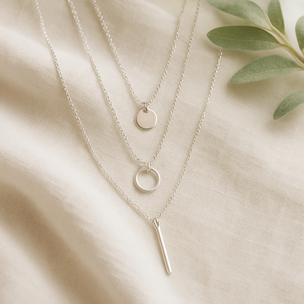 Layered delicate silver necklaces on neutral fabric