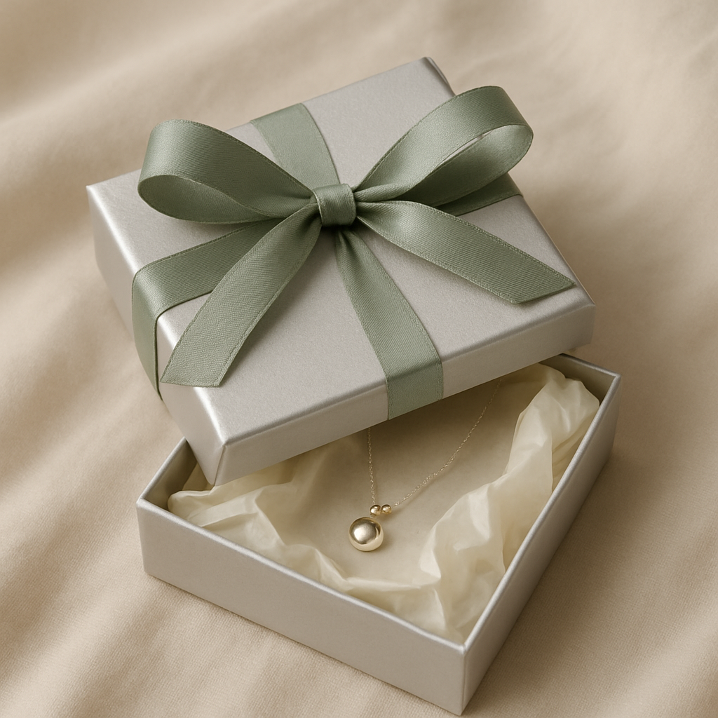 Silver jewelry box with sage ribbon and soft tissue wrap