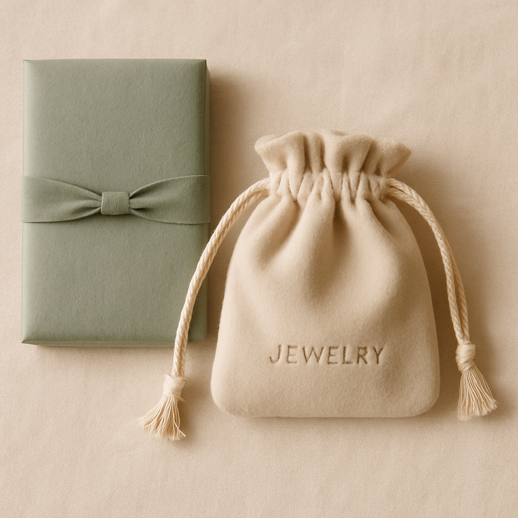 Soft neutral jewelry pouch beside sage paper wrap and ribbon