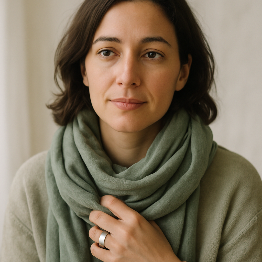 Woman in a sage scarf wearing a silver ring