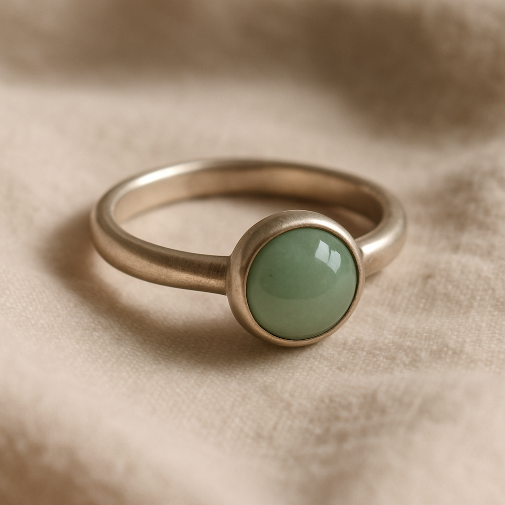 Handmade silver ring with a sage green gemstone
