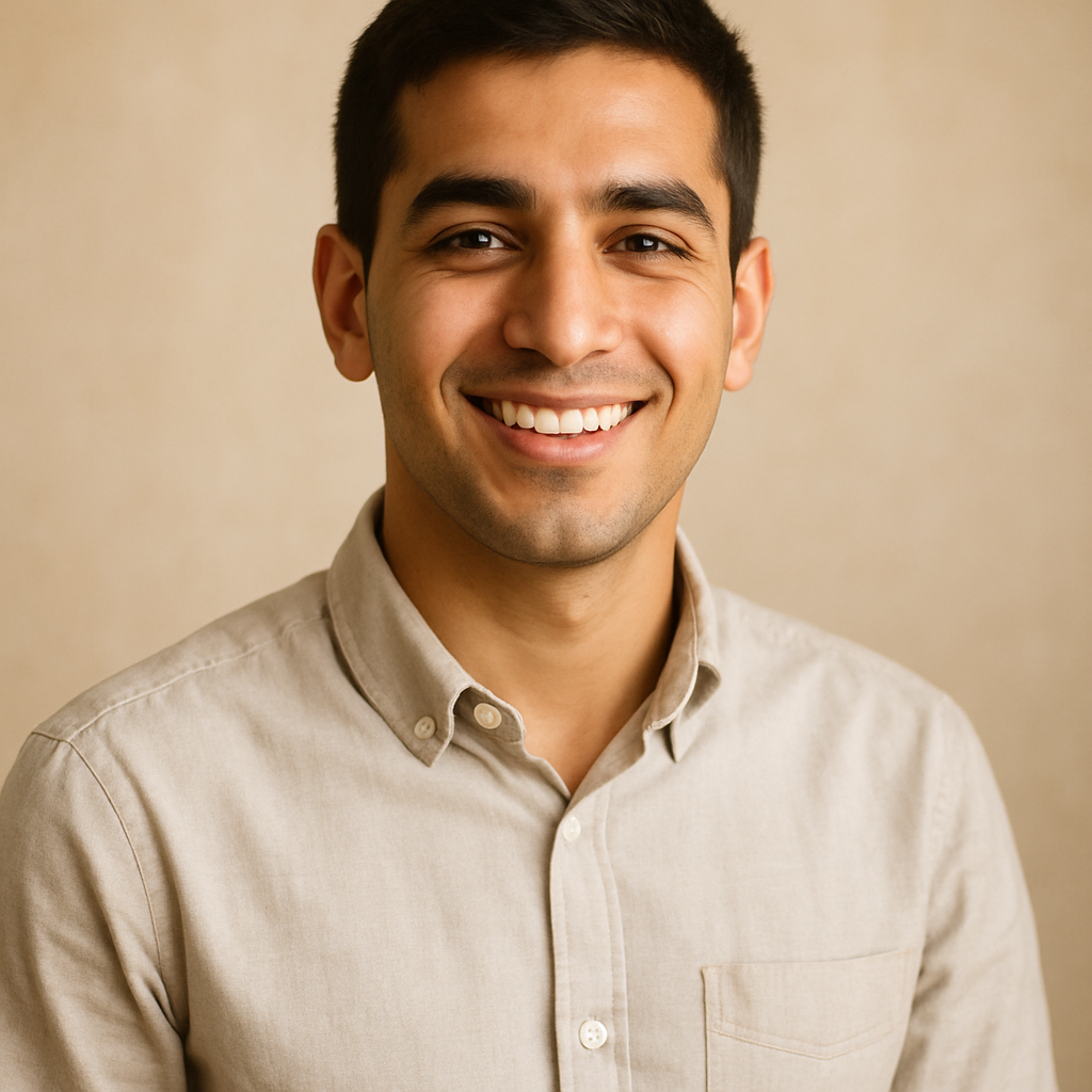 Portrait professionnel d'un jeune étudiant irakien souriant, peau mate, cheveux bruns courts, chemise claire, ambiance lumineuse et chaleureuse, fond neutre. Style photo réaliste multiculturel.