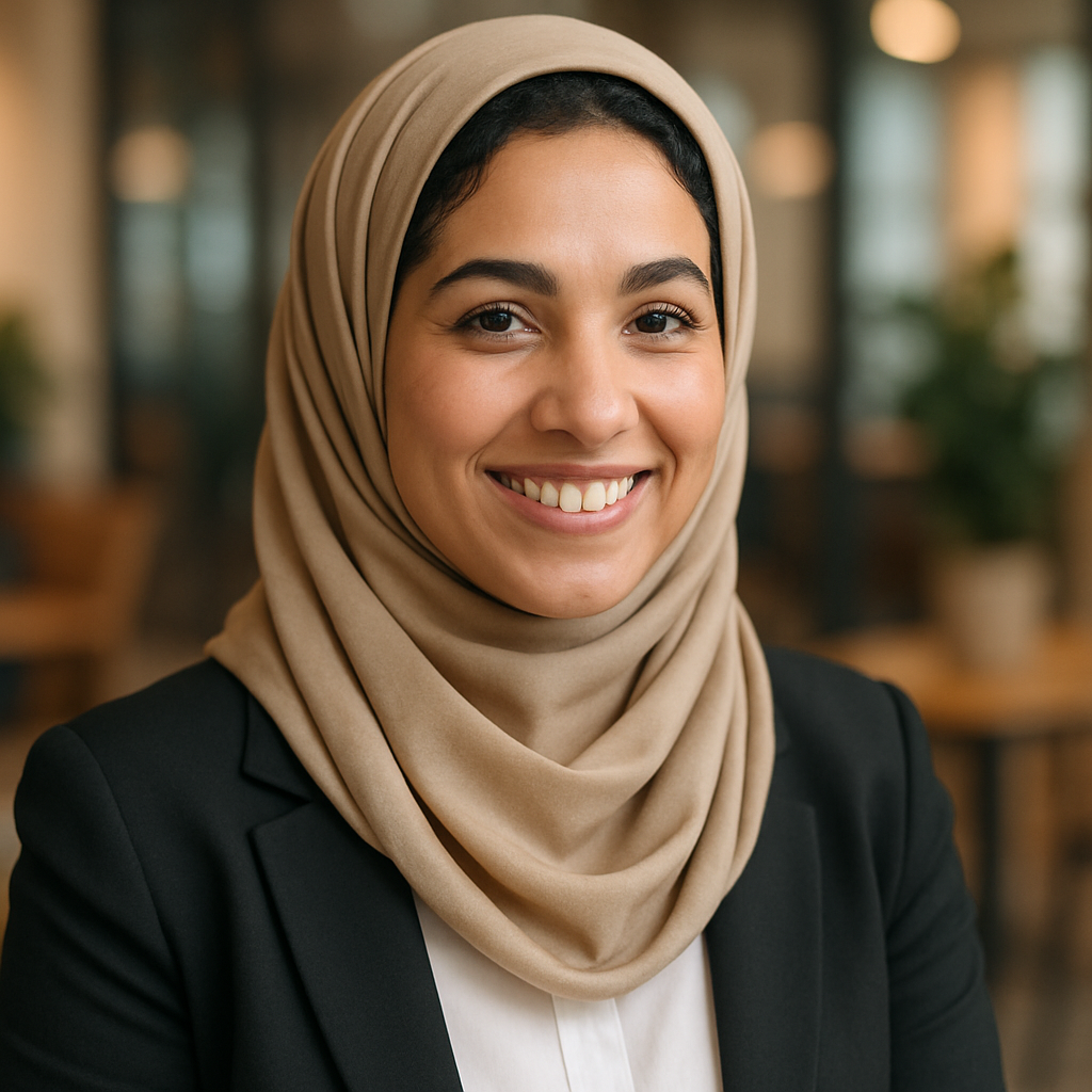 Portrait professionnelle d'une femme marocaine, cheveux noirs bouclés, hijab élégant, sourire bienveillant, ambiance chaleureuse et multiculturelle. Photo réaliste accessible.