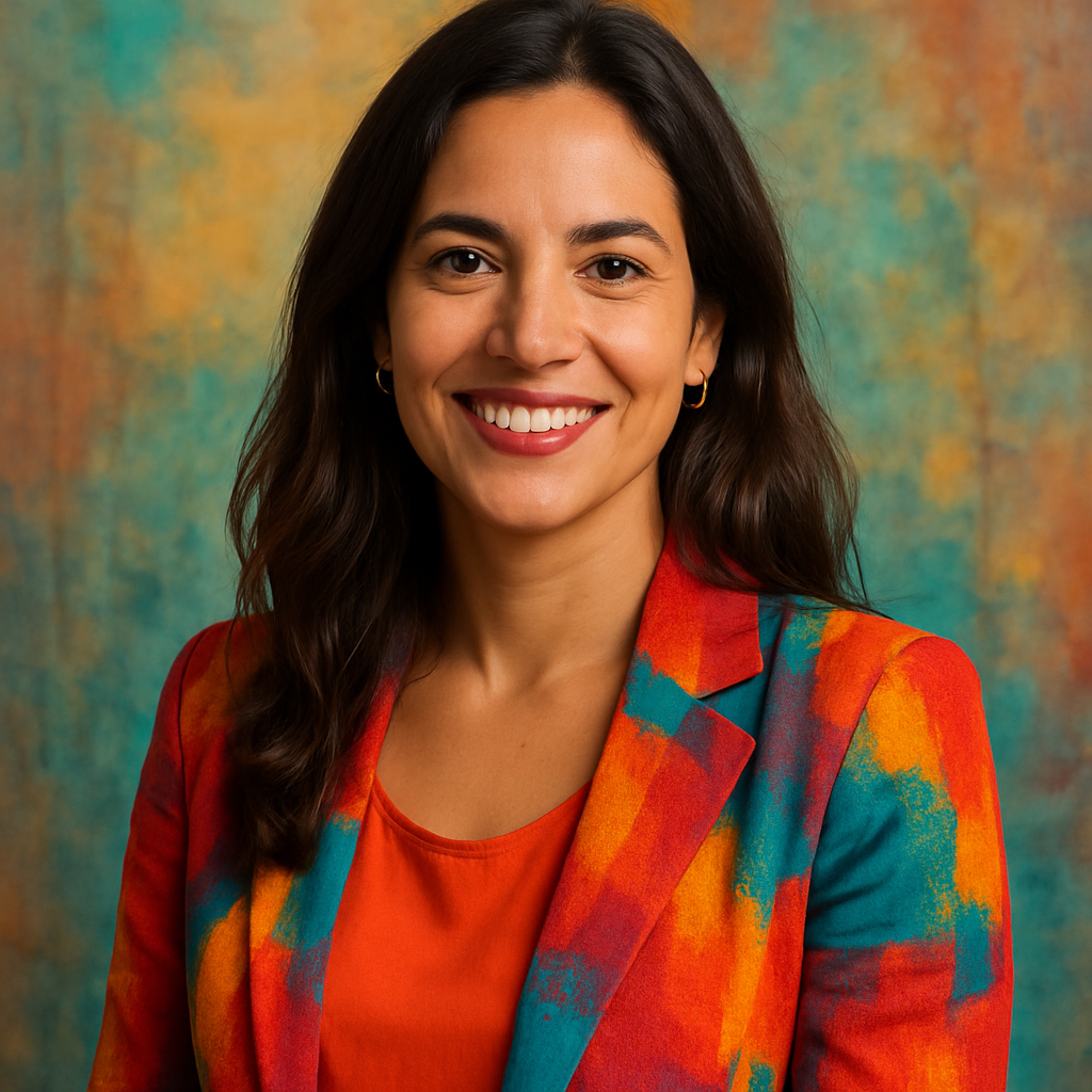 Portrait professionnel d'une femme espagnole, cheveux châtains longs, sourire chaleureux, vêtements colorés, ambiance vivante, style photo réaliste multiculturel.