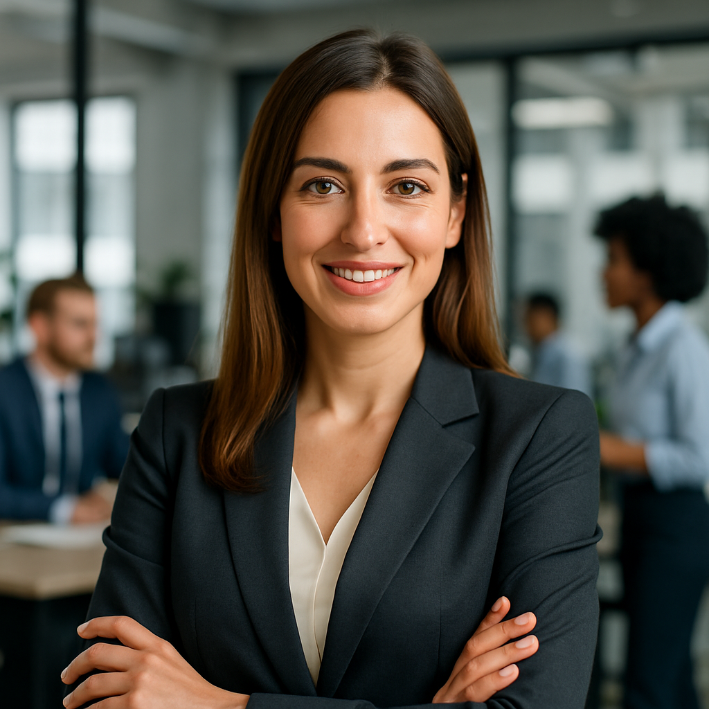 Portrait professionnel d'une femme italienne d'entreprise, cheveux châtain clair lisses, tailleur élégant, sourire accueillant, ambiance de bureau moderne et multiculturelle. Style photo réaliste et positif.