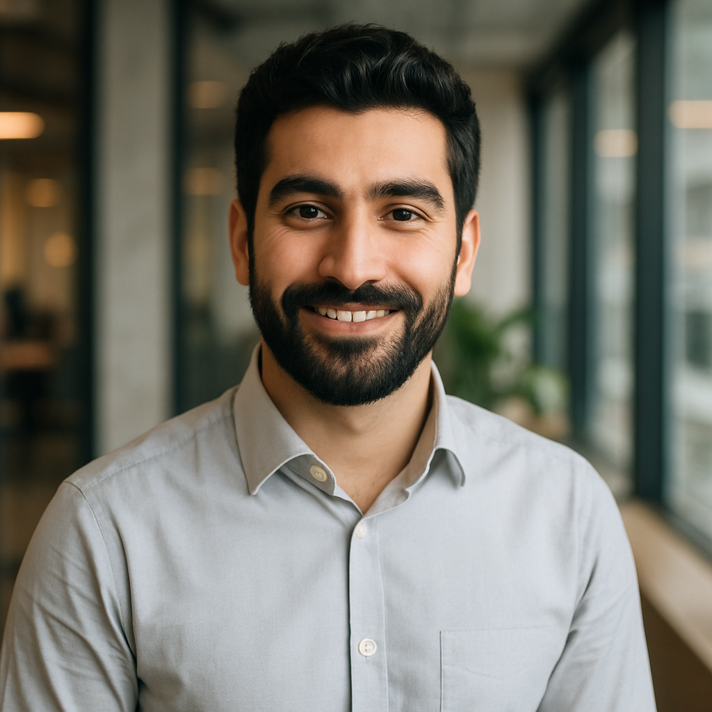 Portrait professionnel d'un homme turc, cheveux noirs épais, barbe soignée, chemise claire, sourire confiant, ambiance moderne. Style photo réaliste multiculturel et chaleureux.