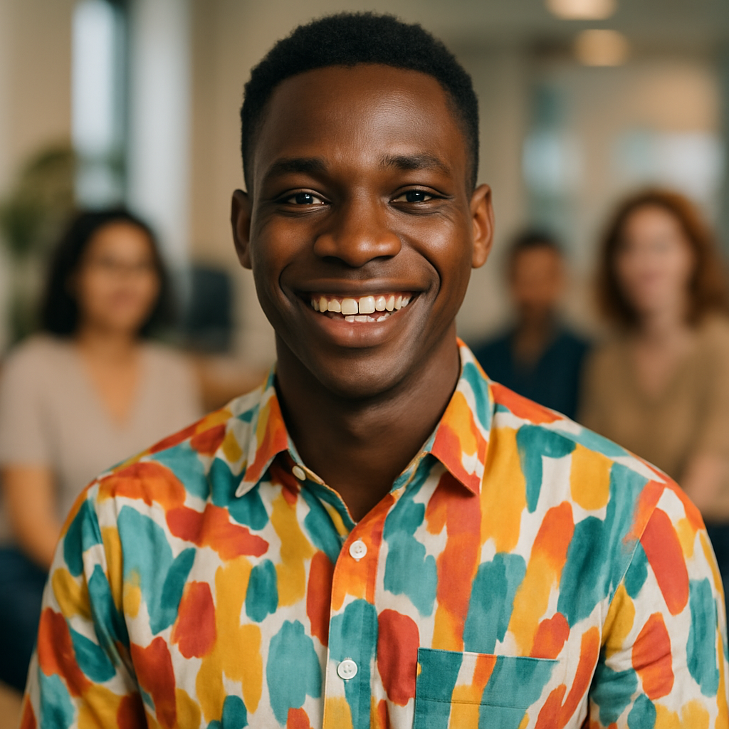Portrait professionnel d'un jeune homme africain enthousiaste, peau foncée, cheveux courts, chemise colorée, sourire inspirant, ambiance multiculturelle chaleureuse. Style photo réaliste moderne.