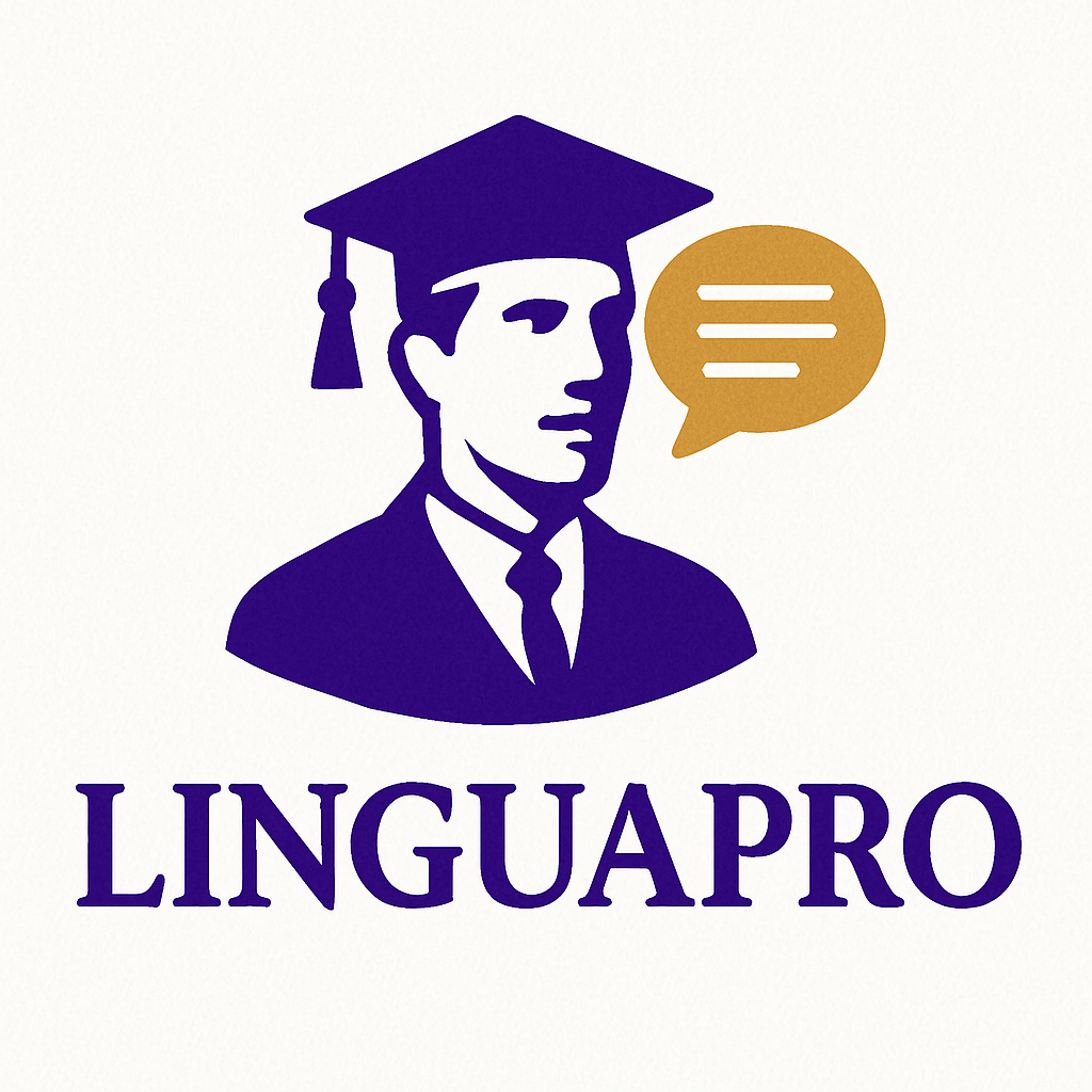 Logo illustratif pour LinguaPro, style professionnel et pédagogique, couleurs violet et doré, évoquant excellence en formation linguistique.
