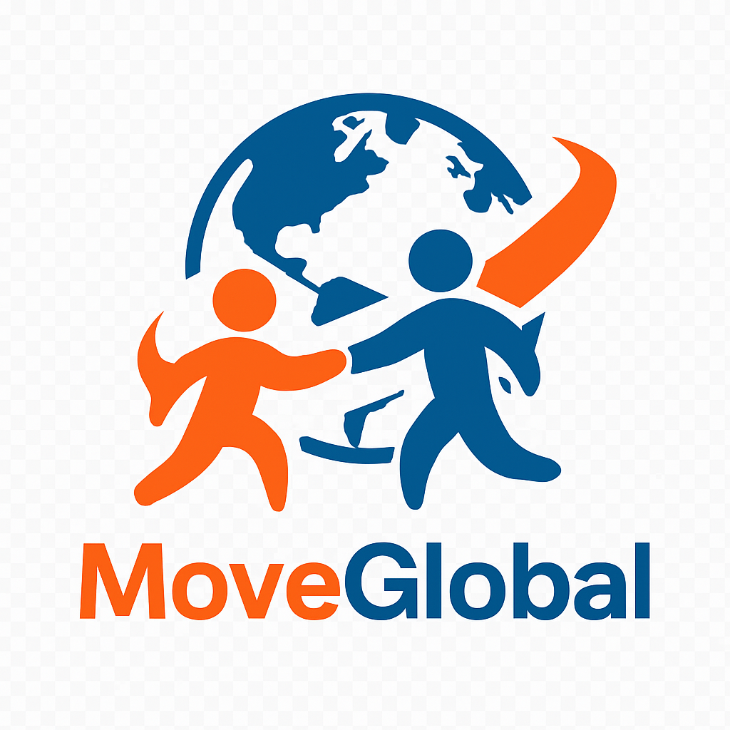 Logo illustratif pour MoveGlobal, style dynamique, couleurs orange et bleu, évoquant mobilité internationale et collaboration interculturelle.