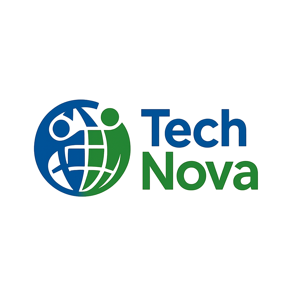 Logo illustratif pour TechNova, style moderne, couleurs bleu et vert, évoquant technologie et collaboration internationale.