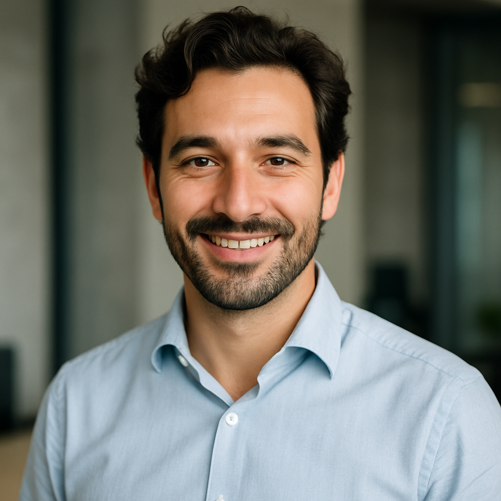 Portrait professionnel d'un homme italien, barbe légère, cheveux bruns ondulés, chemise claire, ambiance moderne, sourire détendu, style photo réaliste multiculturel.