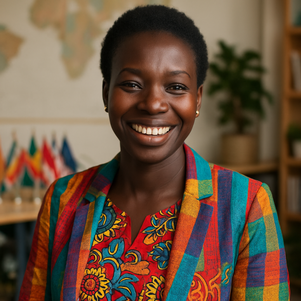 Portrait professionnelle d'une femme sénégalaise, peau foncée, cheveux naturels courts, sourire radieux, vêtements colorés, ambiance multiculturelle et positive. Style photo réaliste et chaleureux.