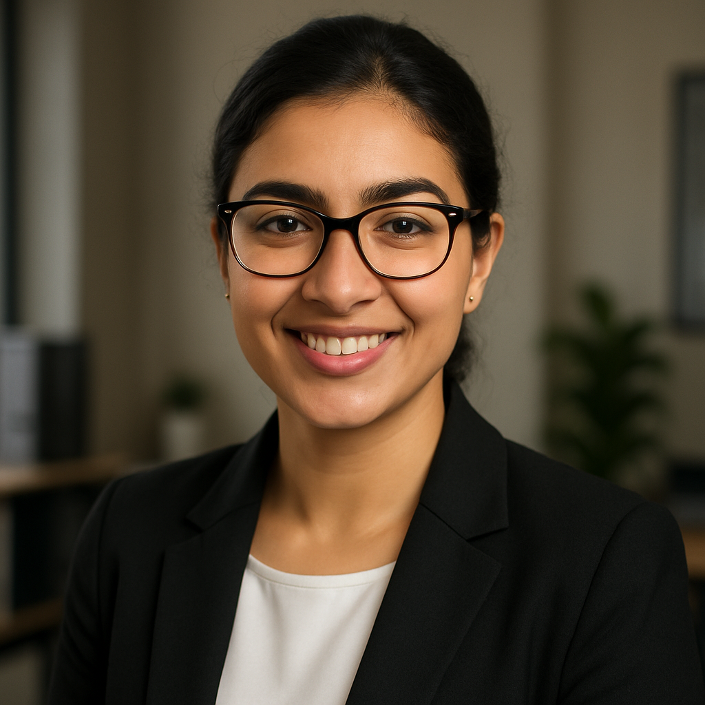 Portrait professionnelle d'une jeune femme tunisienne, cheveux bruns foncés attachés, lunettes modernes, sourire chaleureux, ambiance professionnelle, style photo réaliste multiculturel.