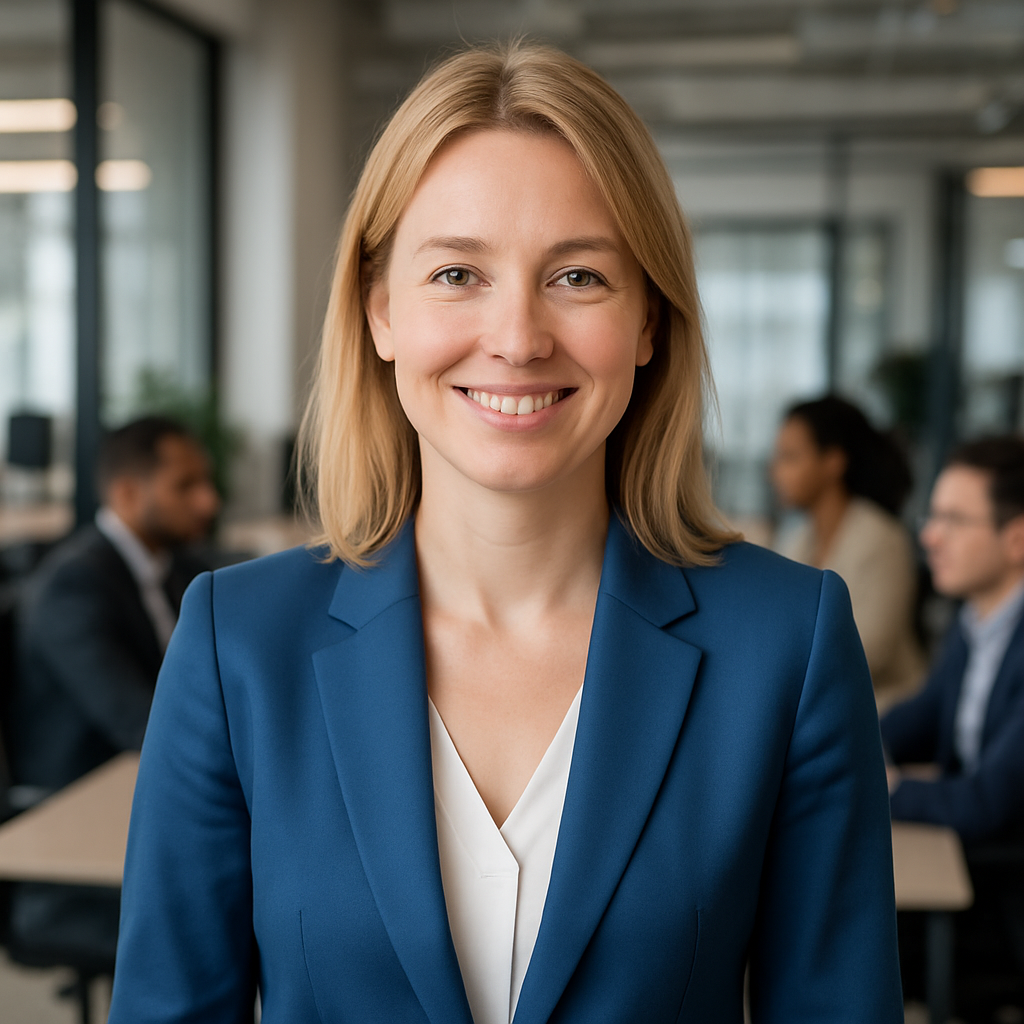 Portrait professionnel d'une femme européenne, cheveux blonds mi-longs, tailleur bleu élégant, sourire naturel, ambiance de bureau moderne et multiculturelle. Style photo réaliste et accueillant.