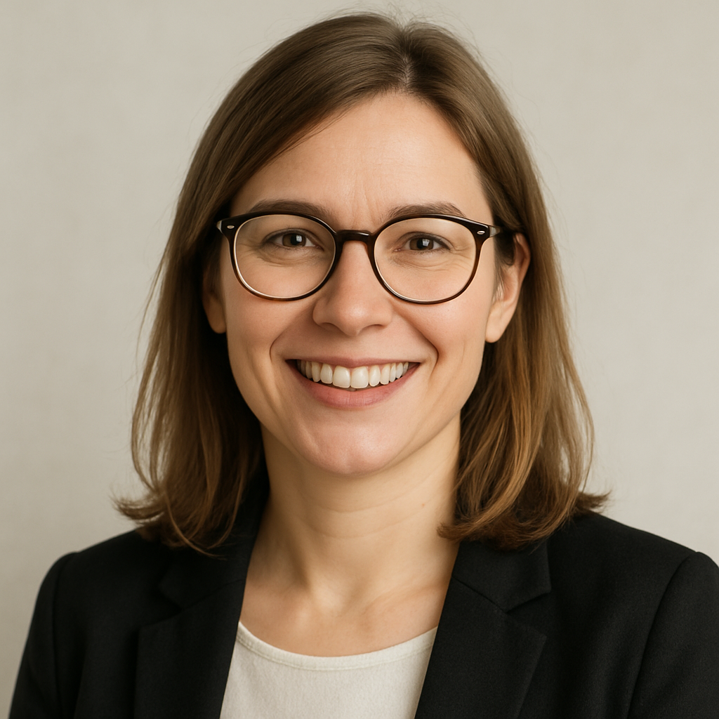 Portrait professionnel d’une formatrice indépendante européenne, cheveux châtain clair mi-longs, lunettes modernes, sourire ouvert, ambiance lumineuse, fond neutre. Style photo réaliste pédagogique et multiculturel.