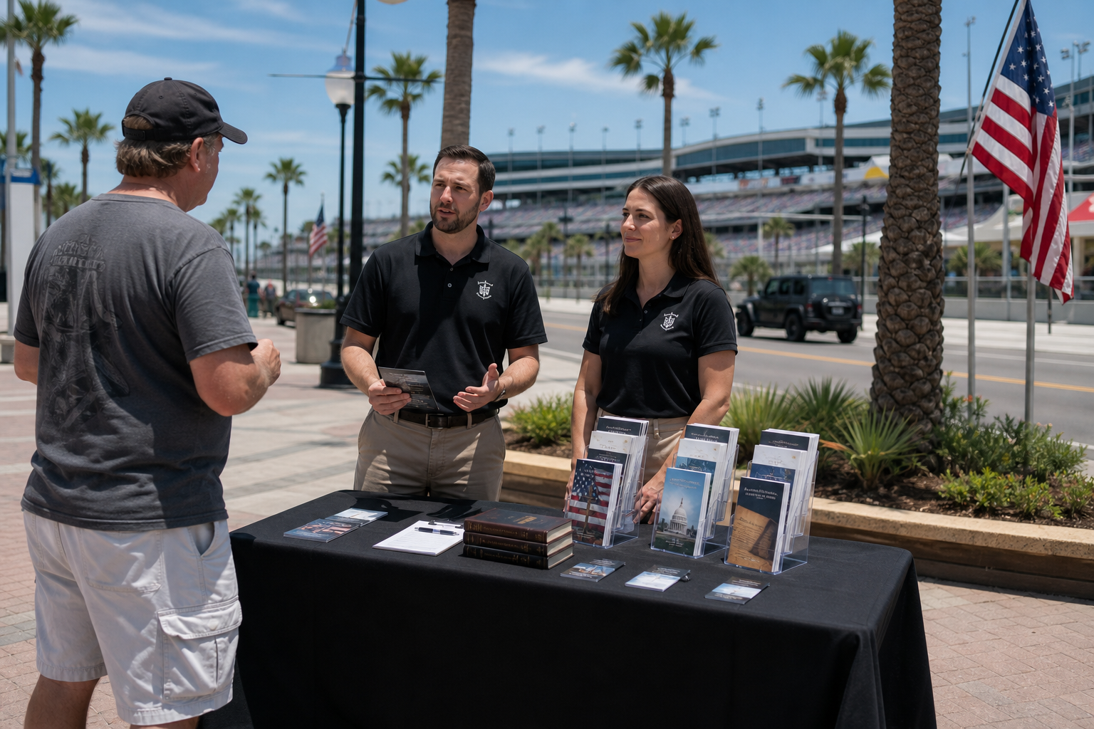 Team Triple C civic outreach booth in Daytona with volunteers speaking to visitors at a clean, professional information table