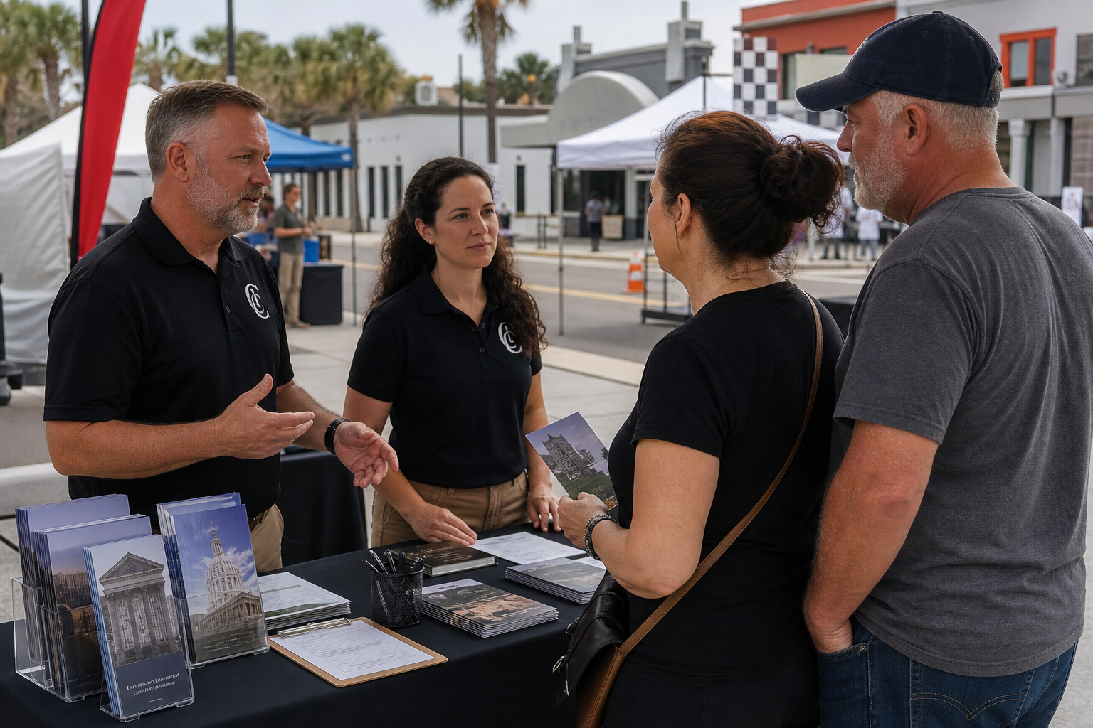 Documentary-style view of a Team Triple C outreach booth in Daytona, with two volunteers speaking calmly with local visitors in daylight.