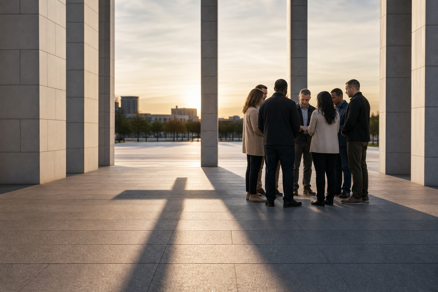 Clean civic plaza with modern stone columns, cross-shaped shadow, and a small group in purposeful discussion at dawn