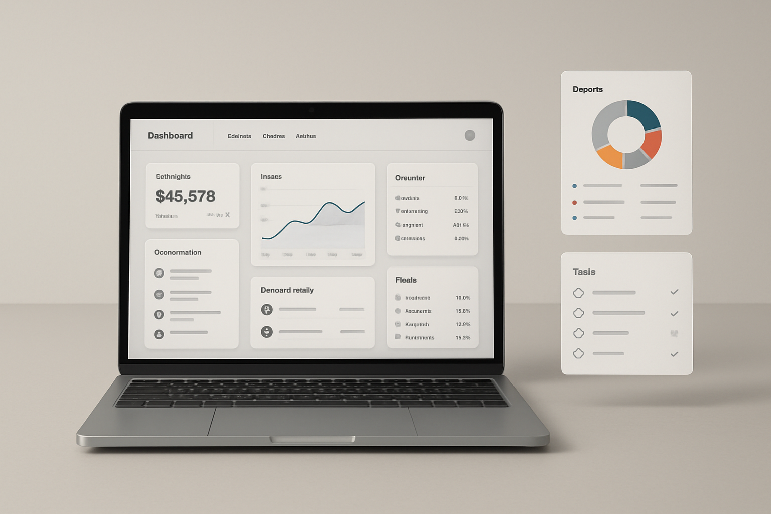 Minimal SaaS dashboard interface on a laptop with floating UI cards, photographed on a clean neutral background
