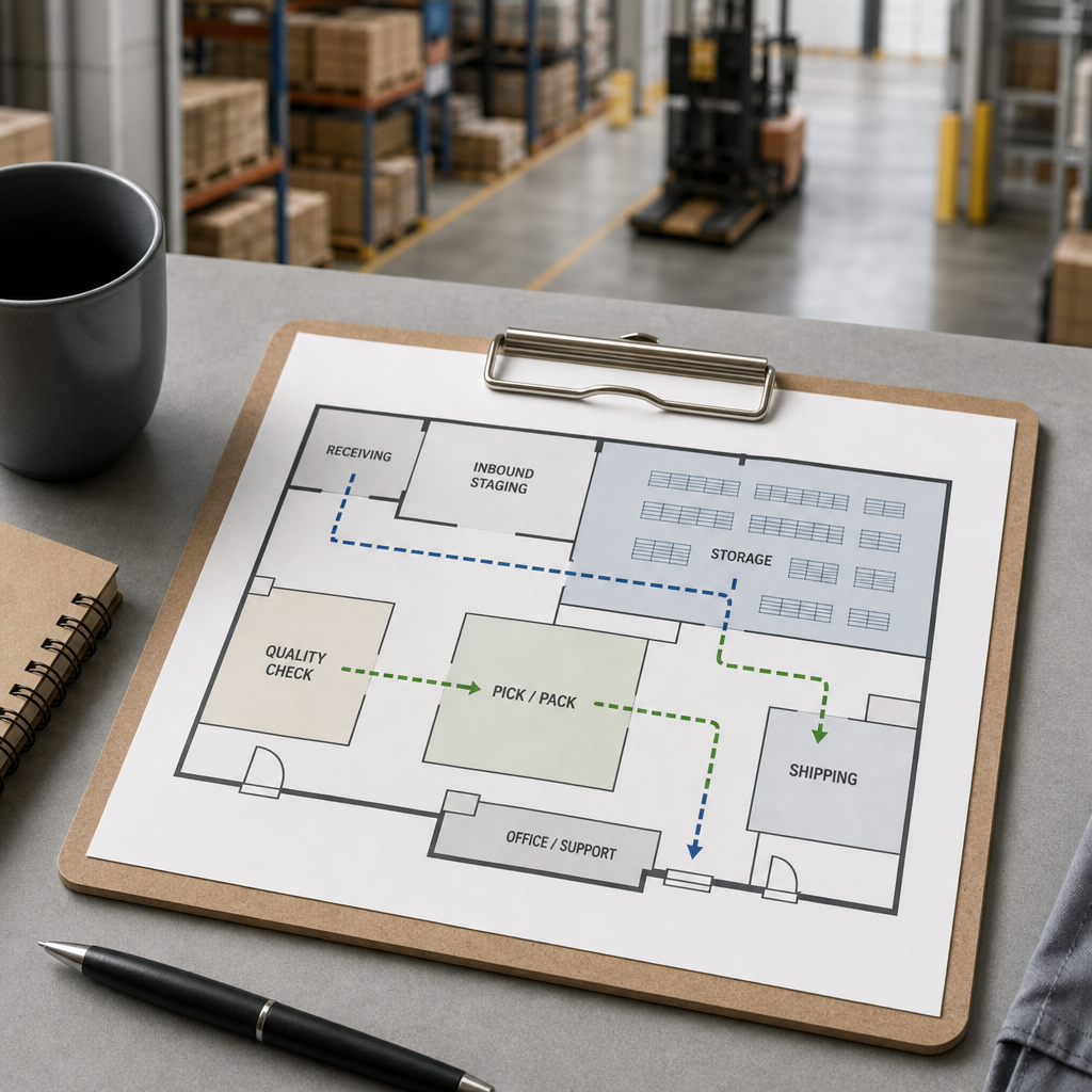 Refined warehouse flow diagram on a logistics planning board with clean route lines and annotated zones