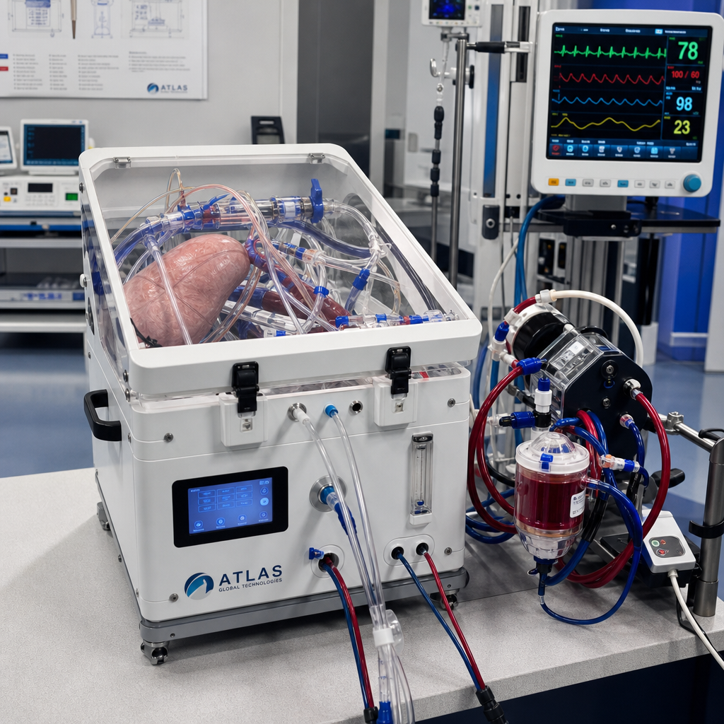Complete ECMO simulation set showing the housing shell paired with lifelike vessel integration, soft-touch clinical materials, and a realistic prototype assembly under clean medical lighting