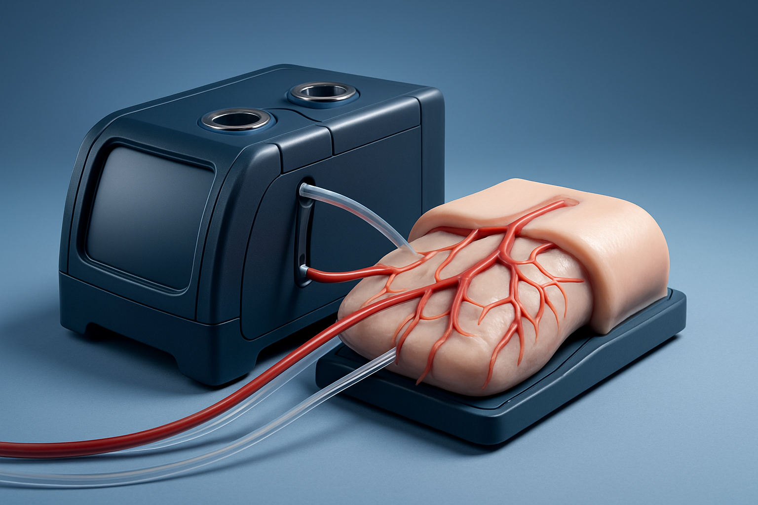 Complete ECMO simulation set showing the housing shell paired with lifelike vessel integration, soft-touch clinical materials, and a realistic prototype assembly under clean medical lighting