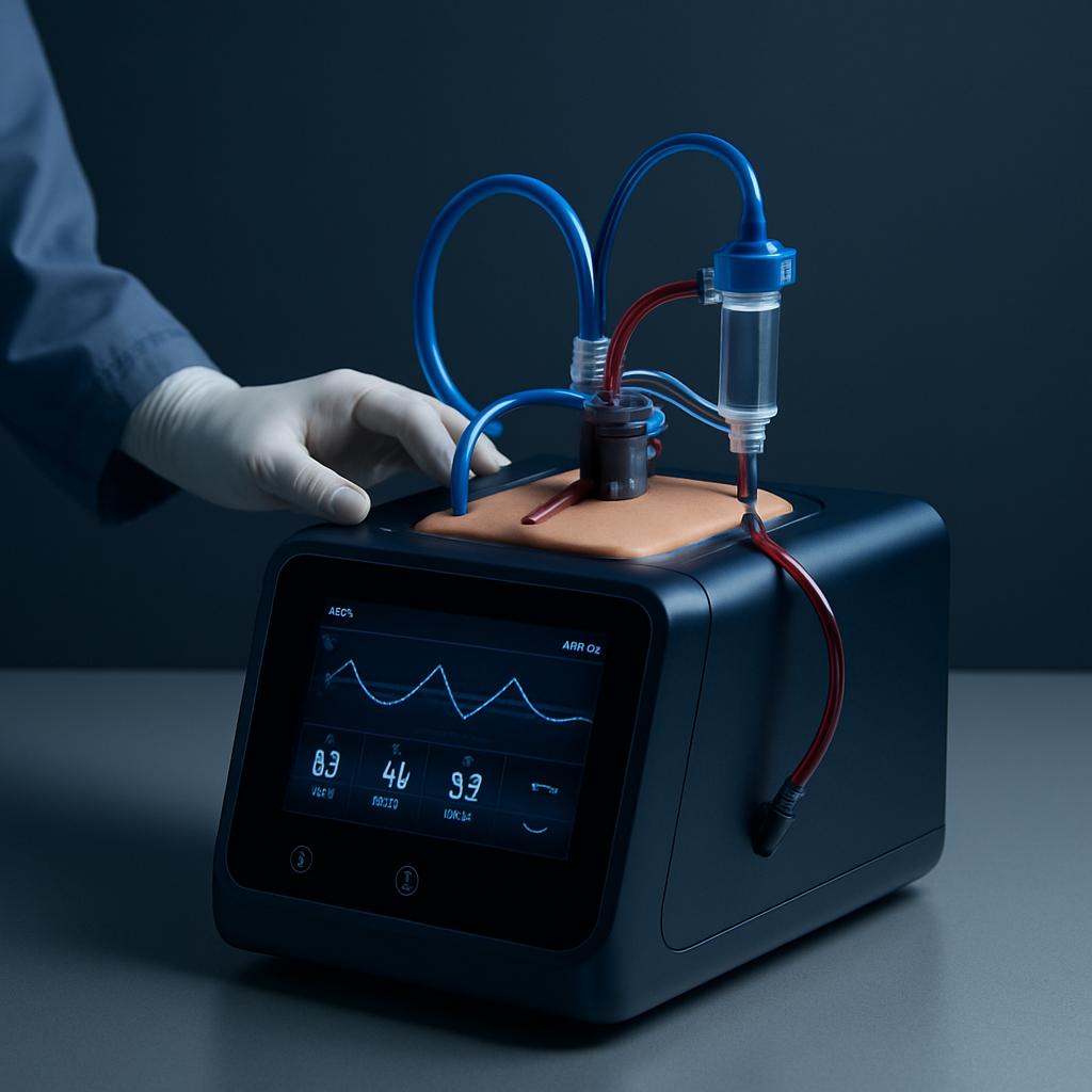 Complete ECMO simulation set showing the housing shell paired with lifelike vessel integration, soft-touch clinical materials, and a realistic prototype assembly under clean medical lighting