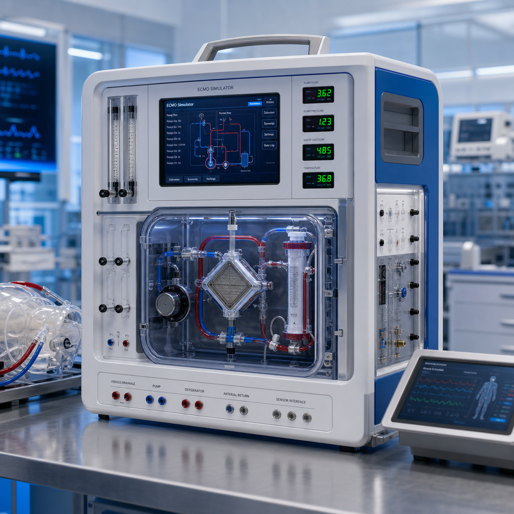 Premium ECMO simulation final combined set with integrated housing, vessel pathways, and diagnostic interfaces displayed in a sterile blue-lit clinical lab, showcasing a complete modular training system