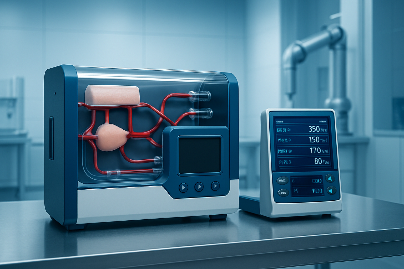Premium ECMO simulation final combined set with integrated housing, vessel pathways, and diagnostic interfaces displayed in a sterile blue-lit clinical lab, showcasing a complete modular training system