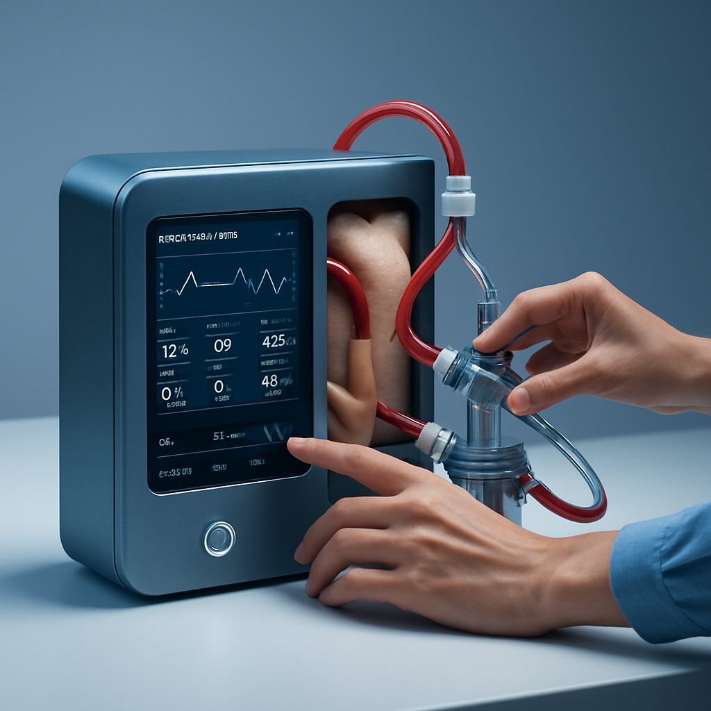 Premium ECMO simulation final combined set with integrated housing, vessel pathways, and diagnostic interfaces displayed in a sterile blue-lit clinical lab, showcasing a complete modular training system
