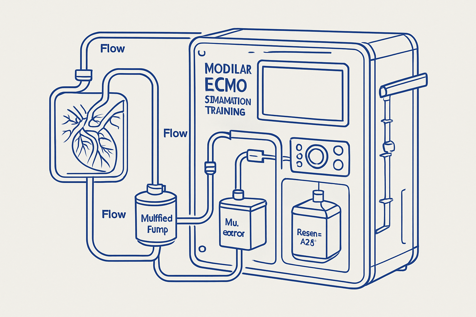 High-tech line art illustration of a modular ECMO simulation training system with labeled flow lines and precision housing