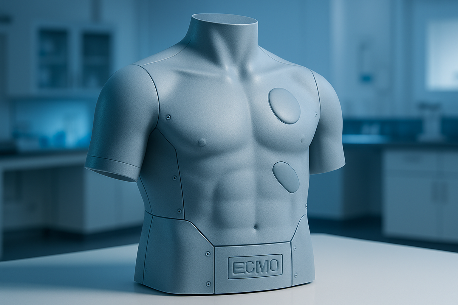 Lifelike ECMO training housing prototype with a medical‑grade polymer shell, subtle seam lines, tactile matte texture, and anatomically plausible torso contours