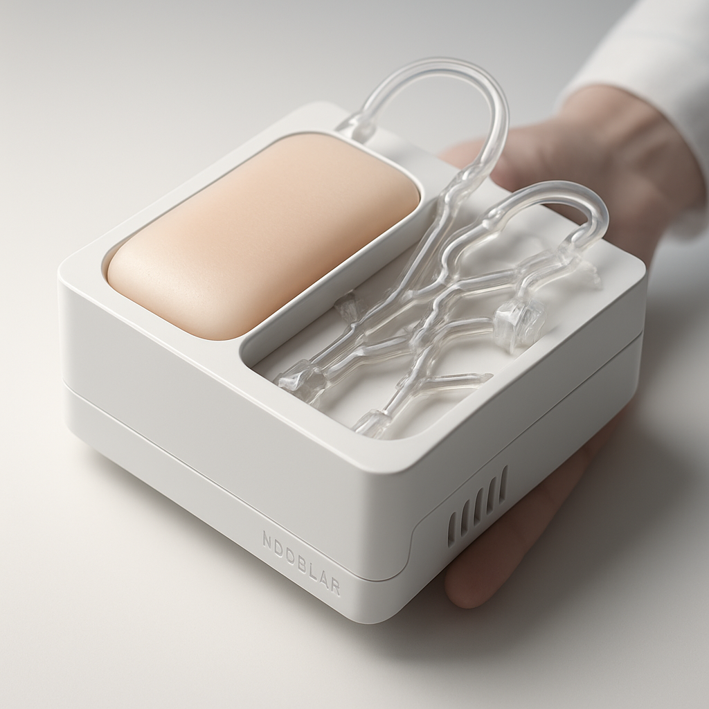 Lifelike ECMO training housing prototype with a medical‑grade polymer shell, subtle seam lines, tactile matte texture, and anatomically plausible torso contours
