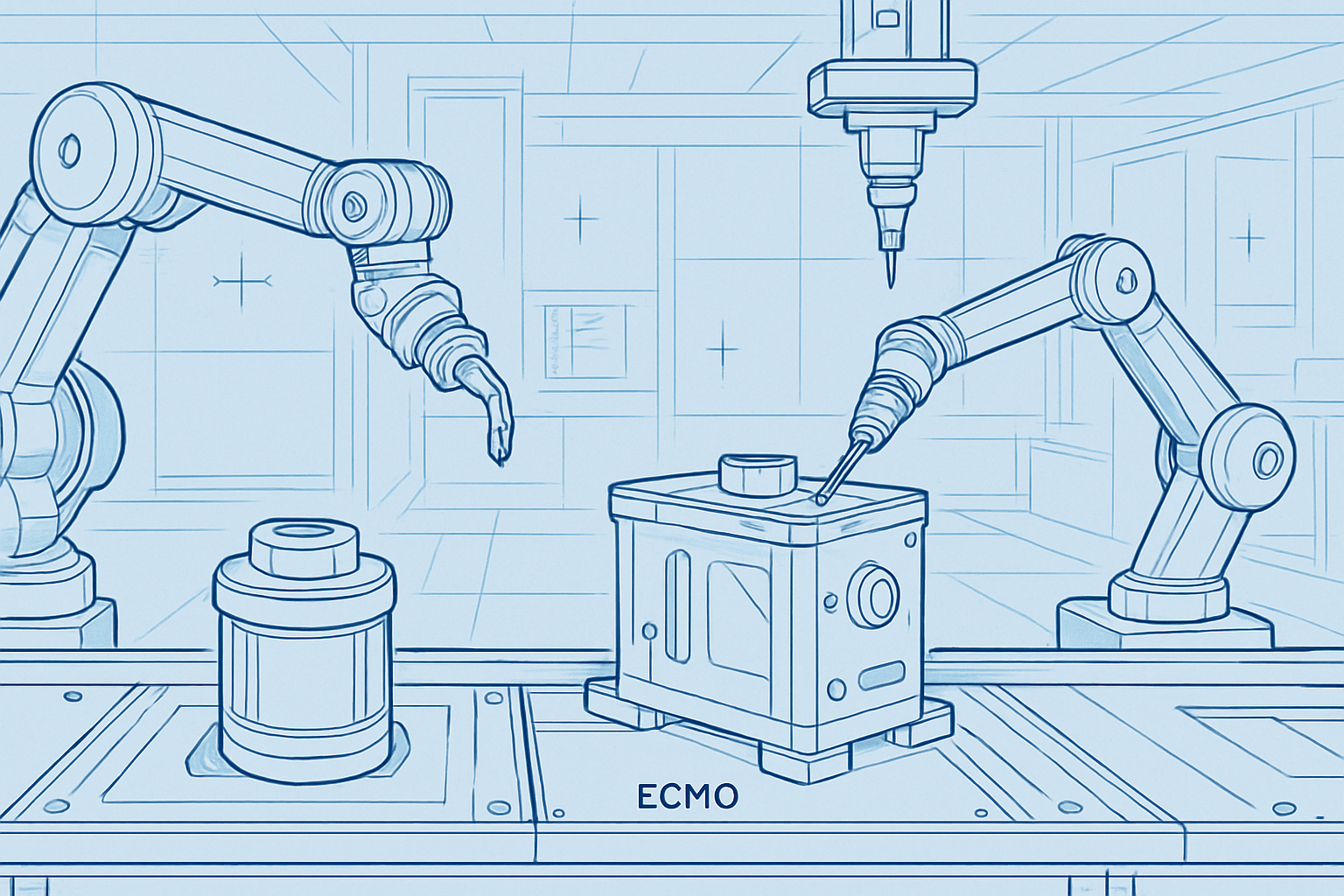 High-tech line art illustration of a medical automation line with robotic arms, modular ECMO components, and cleanroom precision details