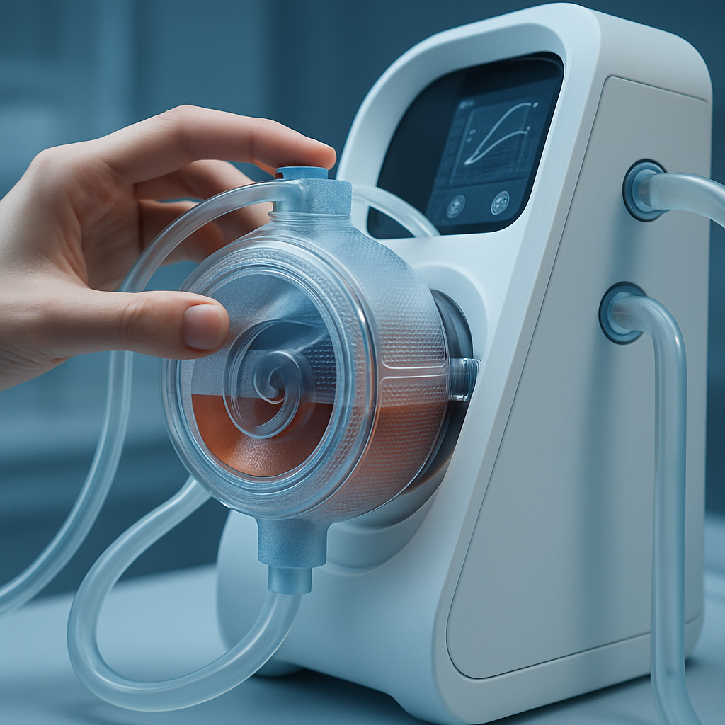 Glassy translucent artificial heart with elegant reflections, floating in a luminous lab setting with a soft pink-to-red glow, gentle blended gradients, subtle grain texture, and an airy premium atmosphere