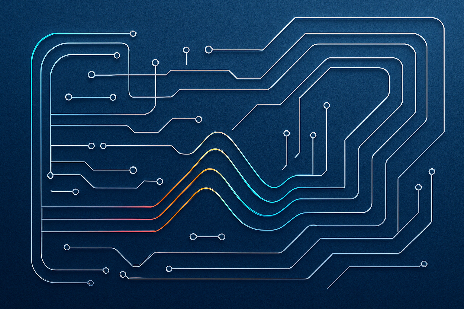 Abstract high-tech line art composition with precision circuitry, layered geometric contours, and rainbow-accented project cues in a clean industrial tech style