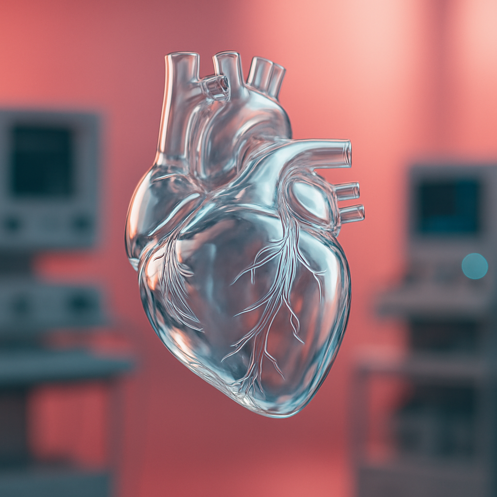 Glassy translucent artificial heart with elegant reflections, floating in a luminous lab setting with a soft pink-to-red glow, gentle blended gradients, subtle grain texture, and an airy premium atmosphere