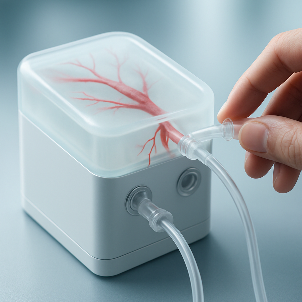 Clinical prototype vascular module with translucent silicone vessels, realistic branching geometry, subtle blood‑channel tinting, and precision connector ports