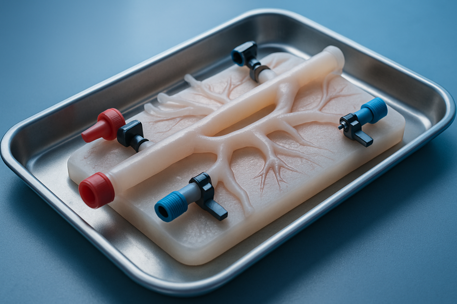 Clinical prototype vascular module with translucent silicone vessels, realistic branching geometry, subtle blood‑channel tinting, and precision connector ports