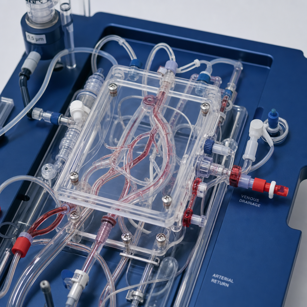 Clinical prototype vascular module with translucent silicone vessels, realistic branching geometry, subtle blood‑channel tinting, and precision connector ports