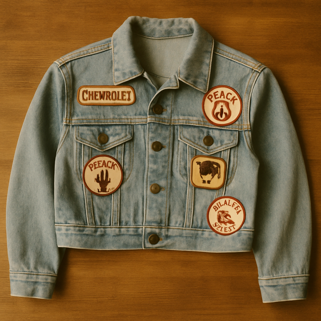 Cropped light-wash denim jacket with vintage patches