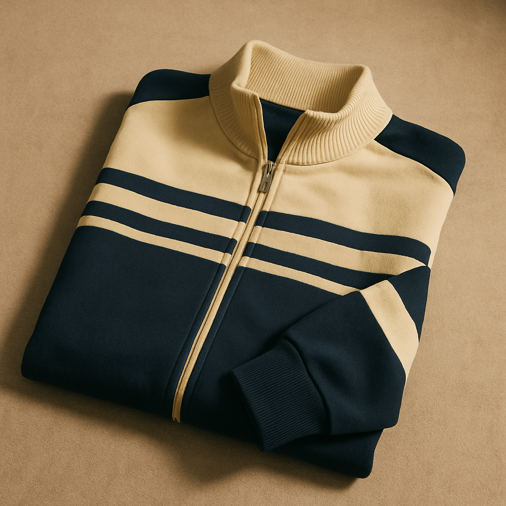 Navy and cream retro track jacket with bold stripes