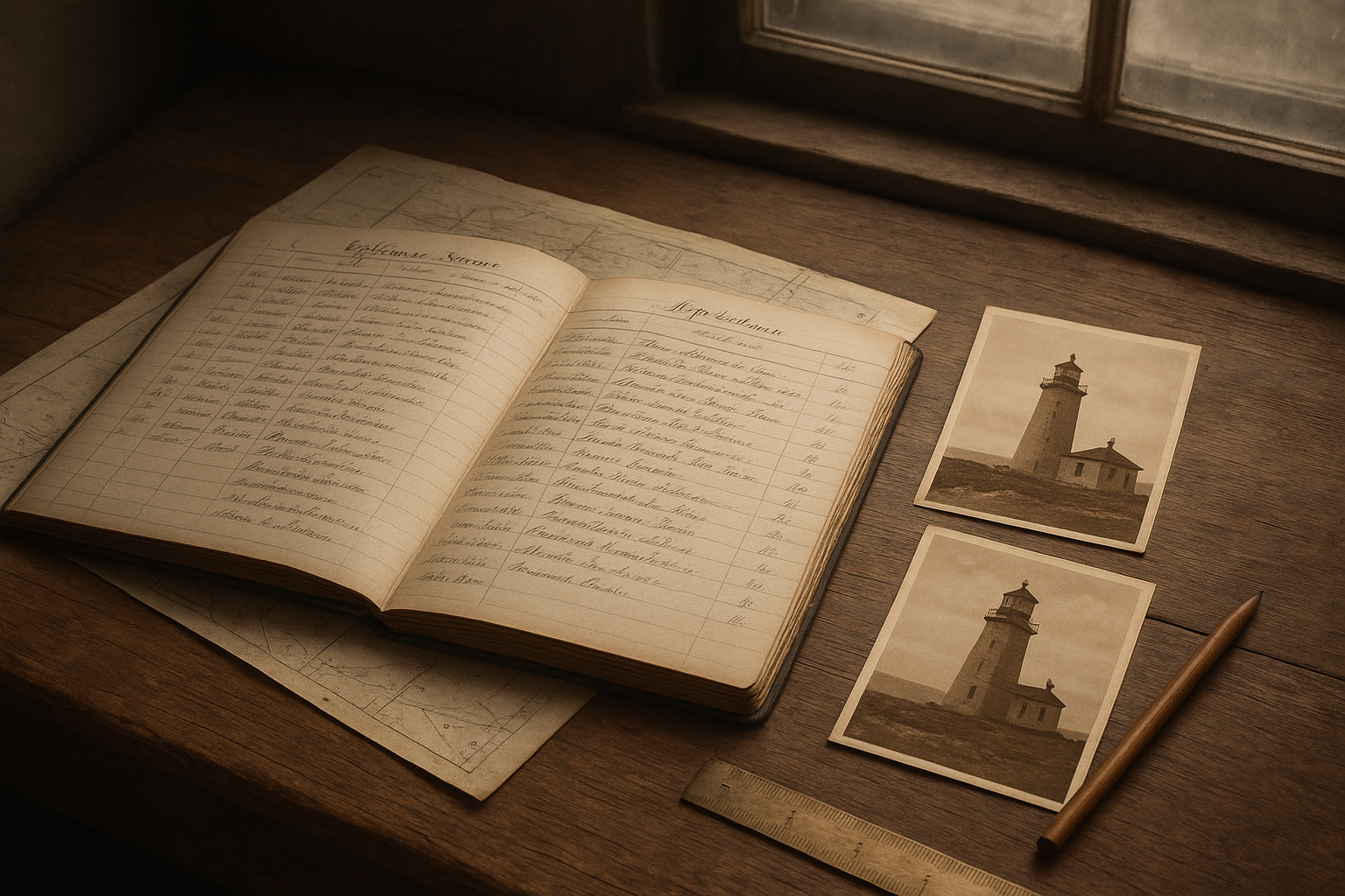 Open archival ledger with handwritten coastal lighthouse entries, sepia photographs, and navigation notes on a wooden desk
