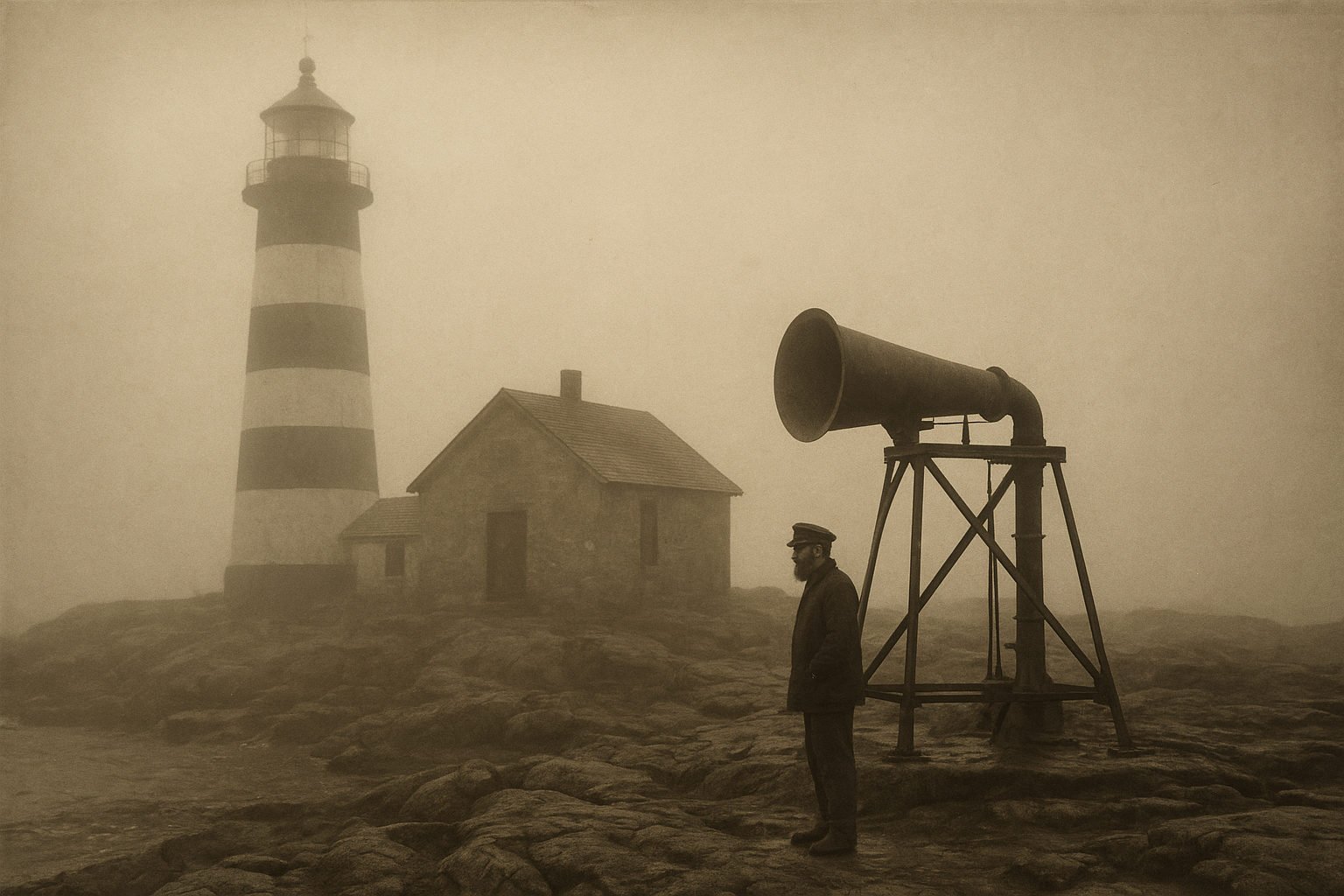Fog signal station and lighthouse tower photographed in heavy morning mist