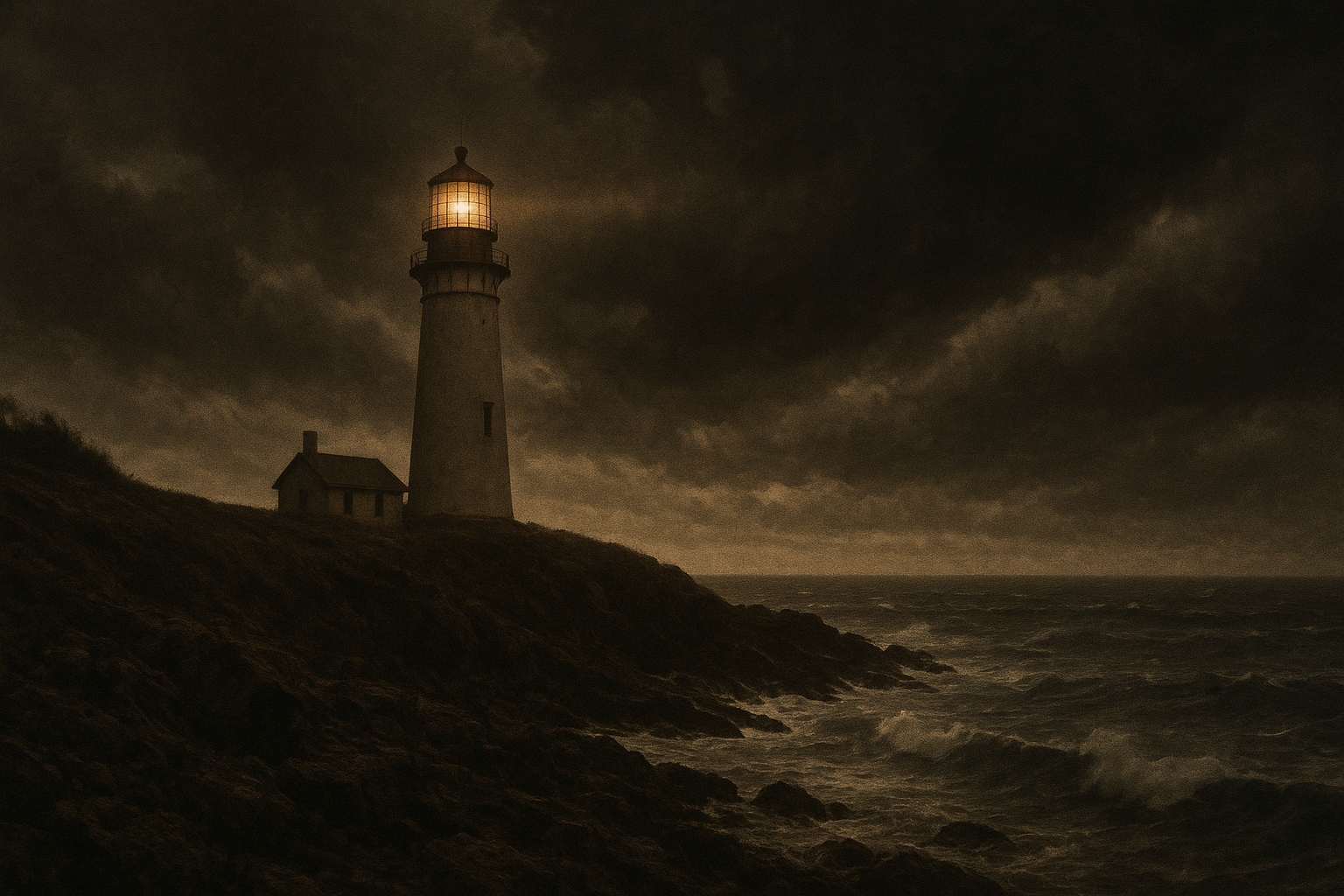 Headland lighthouse on dark shoreline under approaching storm clouds