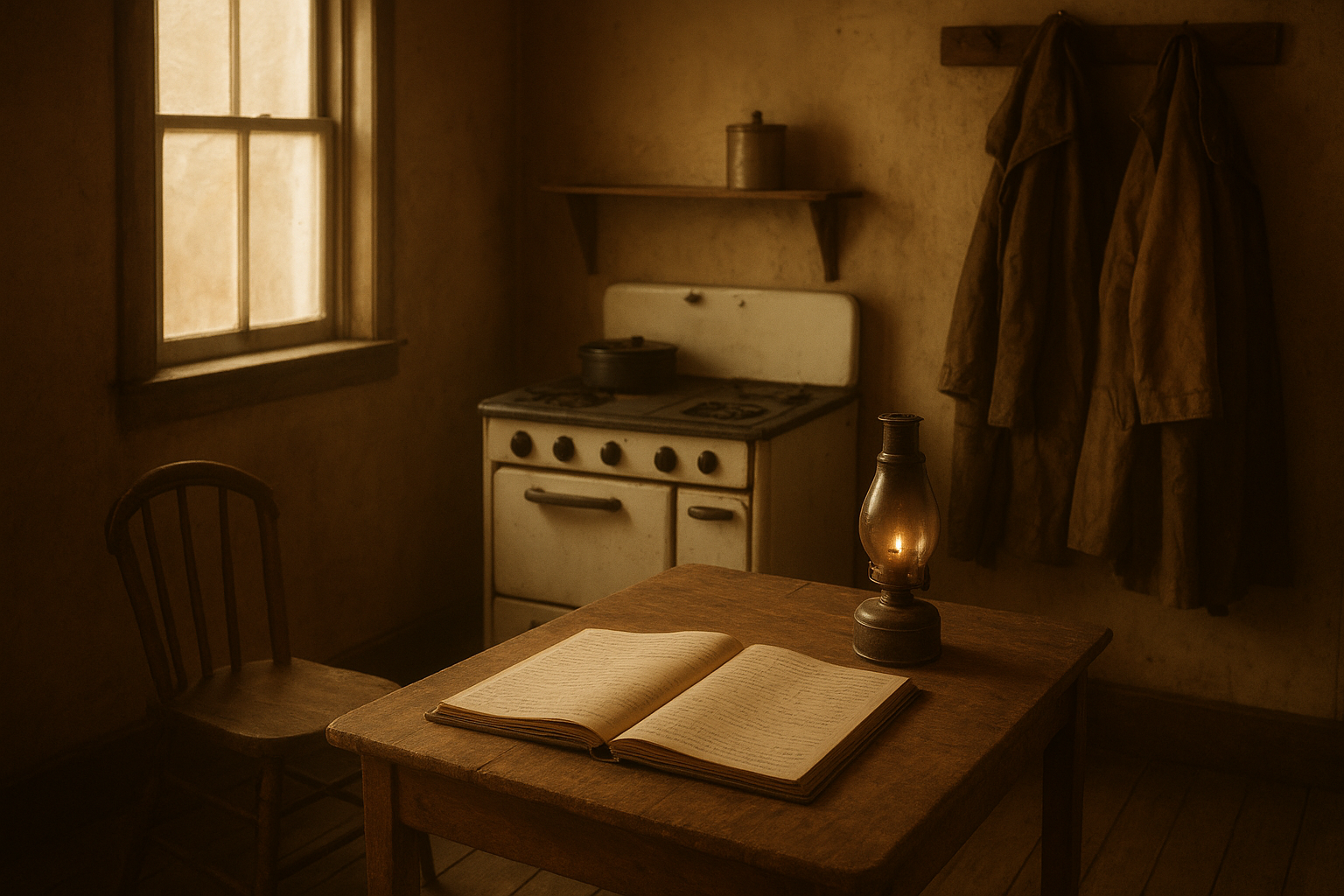 Interior archival image of a lighthouse keeper kitchen with logbook and enamel stove