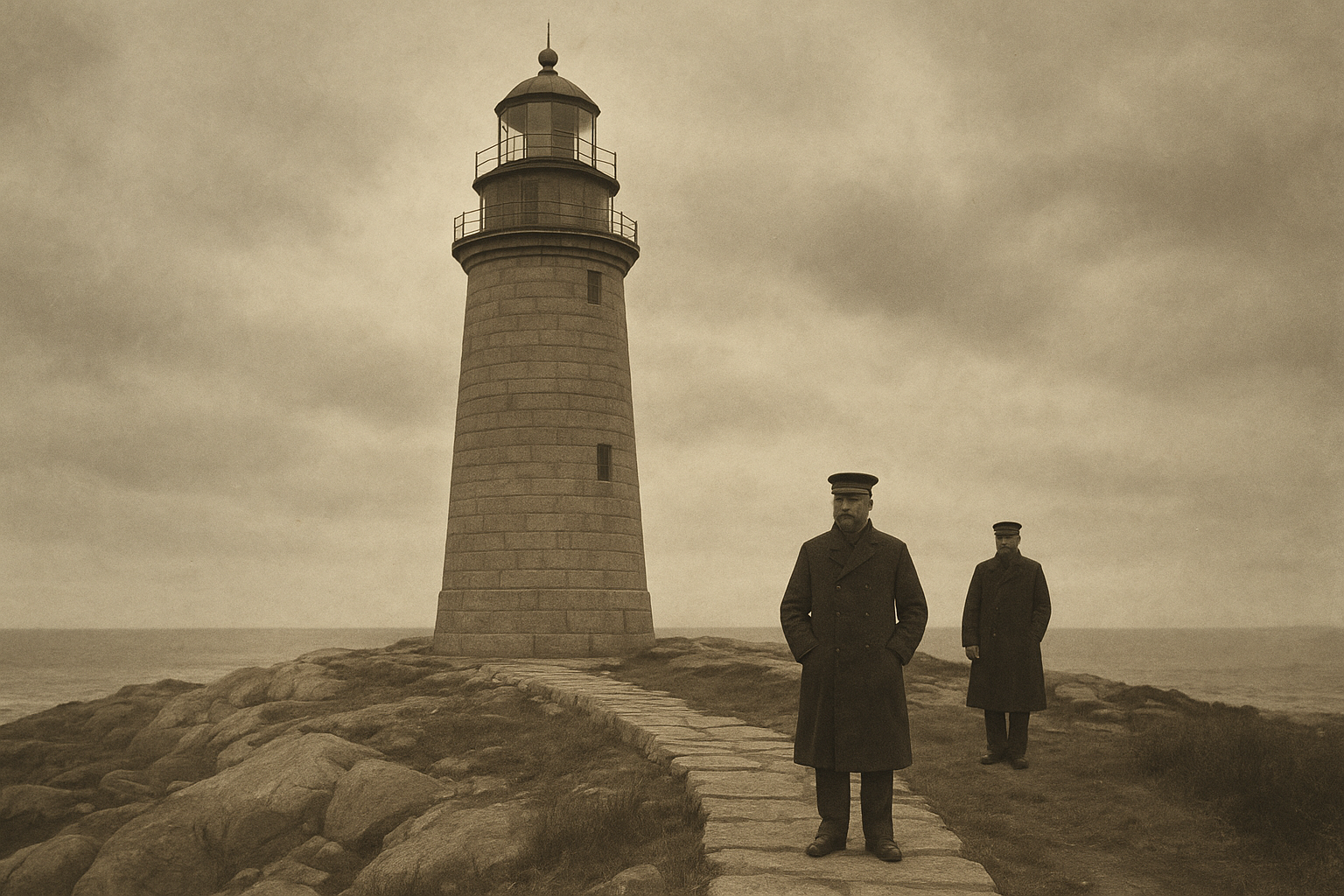 Large-format archival photograph of Harbor Light in 1912 with keepers on the service path