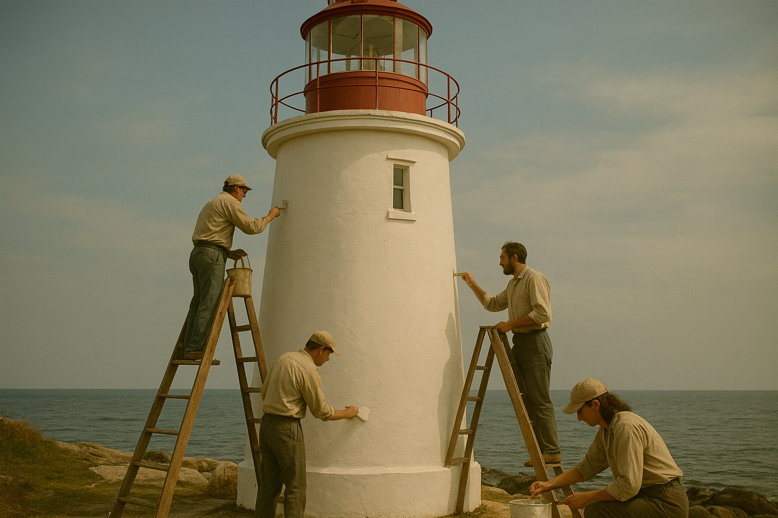 Restored coastal lighthouse with new paint and volunteer crew in foreground