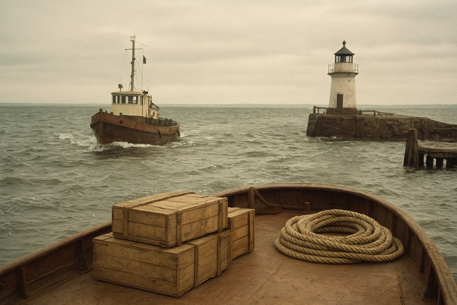 Supply boat approaching a lighthouse landing pier with crates and rope